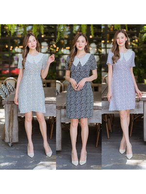 kudapy เดรสสั้นคอปกลูกไม้สีกรม/สีชมพู/สีเหลือง เดรสทำงานลายดอกปกลูกไม้