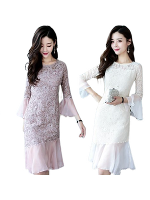 kudapy เดรสสั้นสีครีมเบจ/สีชมพูม่วง ผ้าลูกไม้ เข้ารูป แนวเรียบหรู สวยหวาน ดูดี ใส่ไปงานแต่งงานเช้า ใส่ออกงาน