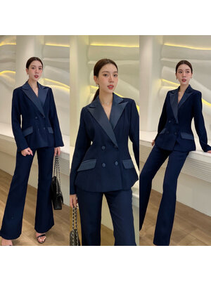 kudapy setเสื้อเบเซอร์และกางเกงขายาวสีกรม เรียบหรู เสื้อสูทแต่งปกผ้าเงาให้ดูเด่น วกระดุมใช้ผ้าเดียวกับปกเสื้อ แมทช์กันออกมาได้สวยดูแพง