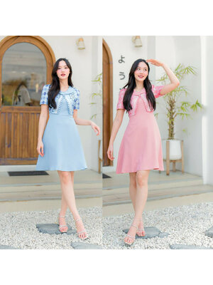 kudapy เดรสสั้นสีฟ้า/สีชมพู/สีกรม คอปกเสื้อคลุมกระโปรงบาน ผ้าลายไทยสวยดูดี