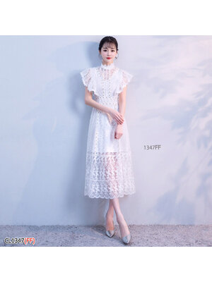 kudapy เดรสpk;สีขาว ลูกไม้แขนกุดไหล่ระบาย งานลูกไม้ใหม่ล่าสุด