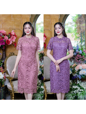 kudapy เดรสสั้นสีชมพูกะปิ/สีม่วงเผือก ลูกไม้เกรดสวยพรีเมี่ยม ลายดอกไม้ ดีไซน์เปิดอกบนให้เป็นซีทรู