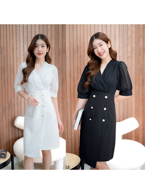 kudapy เดรสสั้นสีขาว/สีดำ จีบอกแขนจั๊มแต่งกระดุม ผ้าเบาใส่สบายสวยดูดีน่ารักมากๆ