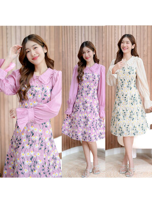 kudapy เดรสสั้นสีชมพู/สีครีม ลายดอกแขนยาวคอบัว