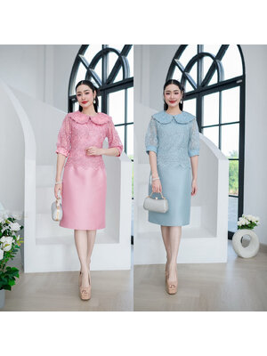 kudapy เดรสสั้นสีชมพู/สีฟ้า ผ้าไหม เสื้อลูกไม้เข้ากับเดรสสวยลงตัว ผ้าลูกไม้ใยบวบ ดีไซน์คอบัว จั้มปลายแขนเสื้อ เดรสผ้าไหมให้ลุคหวานลุคน่ารัก