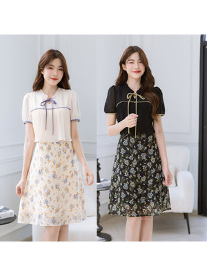 kudapy เดรสชีฟองอกพลีท ช่วงคอจับจีบเล็กๆน่ารัก ตัดสีด้วยขอบแขน