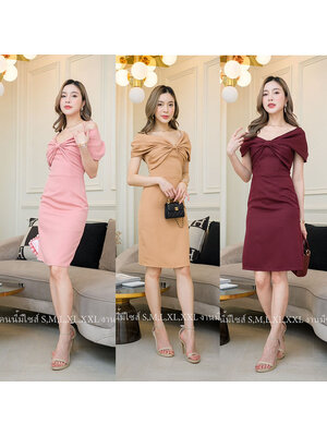 kudapy เดรสสั้นสีน้ำตาล/สีแดงเลือดหมู/สีชมพู ออกงานแต่งโบว์ปาดไหล่ ทรงสวยใส่แล้วเพรียวสุด งานผ้าบาบี้เนื้อหนาใส่สบาย ใส่ออกงาน ยกตีมเพื่อนเจ้าสาวสวยมาก