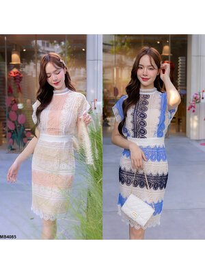 kudapy ชุดเซ็ทสีฟ้า/สีชมพู ใส่ออกงาน ผ้าลูกไม้ลายกลม สีทูโทน มีซับใน พร้อมงานซิปหลัง