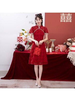 kudapy ชุดเดรสคอจีนสีแดง เดรสสั้นใส่งานตรุษจีน ชุดงานตรุษจีนสวยหรูหรา