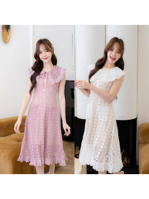 kudapy เดรสสั้นสีขาว/สีชมพู ผ้าลูกไม้ยาวคอปกฉลุ