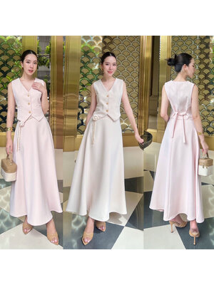 kudapy เซ็ท 3 ชิ้น เสื้อ Vest+กระโปรงยาว+เข็มขัด เสื้อกับกระโปรงเราใช้ผ้าเดียวกัน มีเชือกผูกด้านหลังเพื่อปรับ