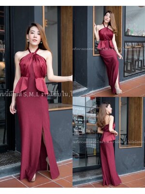 kudapy ชุดราตรียาวทรงเกาะอก มีสายคล้องคอตามแบบ สีแดงเลือดหมู,สีไวน์แดง
