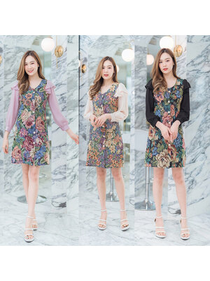 kudapy เดรสสั้นคอวีสีครีม/สีดำ/สีชมพู ลายดอกไม้แขนยาวสีพื้น สวยใส่สบายน่ารักมากๆ