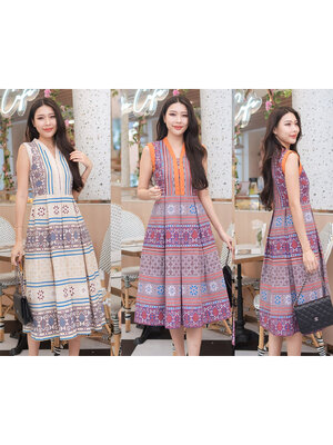 kudapy เดรสสั้นผ้าฝ้ายพื้นเมือง สีส้ม-อิฐ และ สีครีม-ฟ้า ใส่สบายสวยดูดี