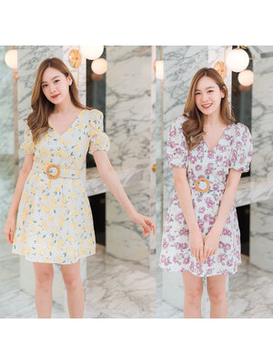 kudapy เดรสสั้นสีม่วง/สีเหลือง ผ้าฉลุพิมพ์ลายดอก+เข็มขัด