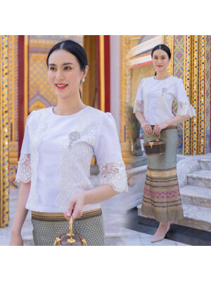 kudapy ชุดผ้าไหมชุดออกงานสีขาว ไปวัด ทำบุญ ทรงหางปลา