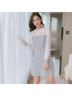 kudapy เดรสสั้นคอบัวแขนยาวชีฟองสีขาวตัดฟ้า เดรสสั้นผ้ากระสอบทรงเอ ชุดมีซับใน และซิปหลัง งานสวย เหมาะใส่เที่ยว ใส่ทำงาน ใส่ออกงาน สวยดูดีทันสมัย