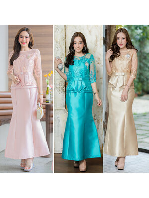 kudapy เดรสงานชิ้นเดียวไหมอิตาลีเนื้ออยู่ทรง ผ้าไหมอิตาลีทอสี่เส้นประดับด้วยผ้าลูกไม้เกรดพรีเมี่ยม