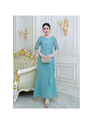 kudapy เดรสลูกไม้สีเขียวพาสเทล เดรสยาวราตรีออกงาน ทรงกระโปรงสวยหรูหราปลายกระโปรงบานสะดุ้งเล็กน้อยคล้ายทรงหางปลา