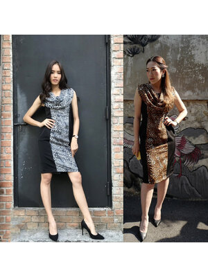 kudapy เดรสสั้นลายเสือแขนกุด สีน้ำตาล สีดำ กระโปรงทรงตรง ผ้ายืดหยุ่น