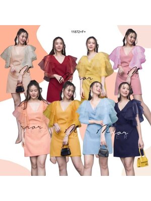 kudapy เดรสสีพื้นผ้าซาร่า แขนผาแก้วระบาย 2 ชั้น มีซิหลัง ดีเทลสวย ใส่ได้หลายโอกาส