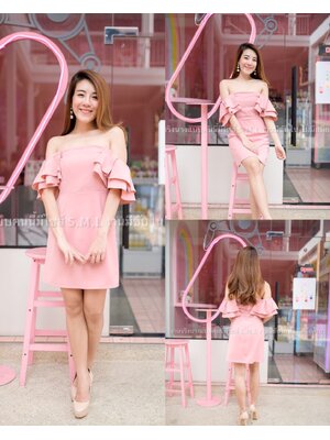 kudapy เดรสสั้นเปิดไหล่แต่งระบาย สีเทาอ่อน เดรสสั้นเกาะอกทรงสอบ ระบายแขน2ชั้น ผ้าฮานาโกะ