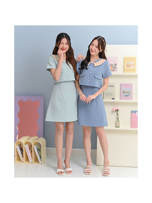 kudapy เดรสสั้นสีมิ้นท์อ่อน/สีฟ้า คอกลมแขนสั้น ตัดต่อเล่นสีคอปก ตัดต่อตัวเหมือนใส่แยกชิ้นทรงสวยเข้าเอว แต่งกระเป๋าหลอก