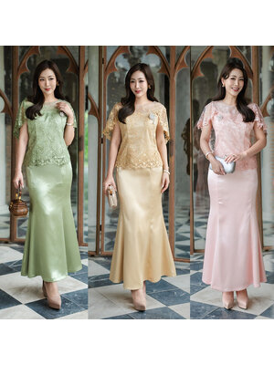 kudapy ชุดเซ็ท เสื้อตกแต่งด้วยผ้าลูกไม้3มิติ ปักเลื่อม แต่งแขนแบบคลุมไหล่ กระโปรงทรงหางปลา กระโปรงซับในผ้าฝ้าย ชุดมีซิปหลัง ใส่สบาย