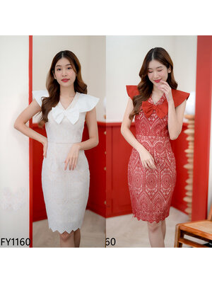 kudapy เดรสสั้นสีส้มอิฐ/สีขาว ลูกไม้แต่งโบว์ สวยดูดี