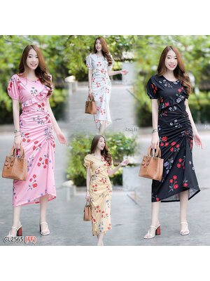 kudapy เดรสยาวแขนสั้น อกแต่งระบายเฉียง สีชมพู,ขาว,เหลือง ,ดำ ดีเทลกระโปรงด้านหน้า แต่งรูดดึงเชือกย่น