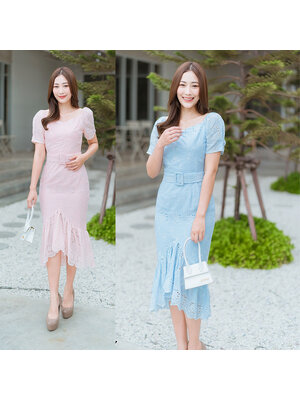 kudapy เดรสสั้นฟ้า/ชมพู คอเหลี่ยมกระโปรงชีฟองใส่สวยดูดี