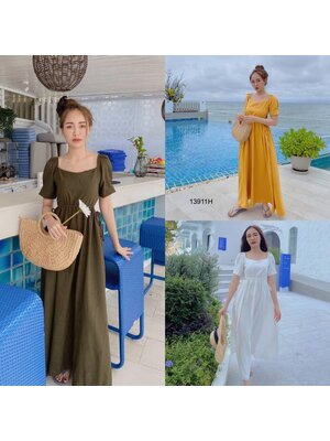 kudapy แม็กซี่เดรสยาวสีขาว,สีเขียว,สีเหลือง เจาะเอวด้านข้าง รูดปรับขนาดเอวเองได้ แขนจีบตุ๊กตา ซิปหลัง ผ้าซาร่าสีพื้น