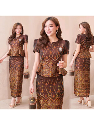 kudapy ชุดเซ็ทโทนสีน้ำตาล ไหมแพรวาทอลายกาฬสินทร์ เนื้อเบาสบาย + ผ้าถุง เอวสูงเพื่อทรงที่สวยงาม
