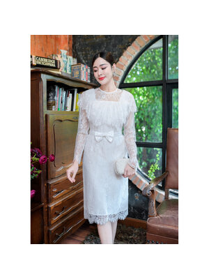 kudapy เดรสสั้นสีขาว ผ้าลูกไม้ฝรั่งเศส ลูกไม้นิ่มดีไซส์สวยหวานม ดีเทลคลุมไหล่ระบาย