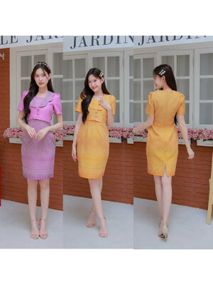 kudapy เดรสยาวสีม่วง/สีเหลือง กระโปรงทรงเอพิมพ์ลายเสื้อทรงกั๊ก