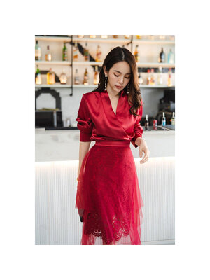 kudapy เซตเสื้อเชิ้ต+กระโปรง สีน้ำเงินกรมท่า/สีแดง ผ้าวาเลนเนื้อนิ่มลื่นใส่สบาย