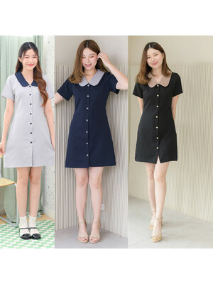 kudapy เดรสสั้นทรงเอ คอปกคอบัวเล่นสีทูโทนตัดกับสีชุด ใส่สวยเข้ารูป ผ้านิ่มใส่สบาย มีซับในทั้งตัว