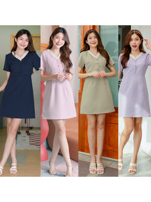 kudapy เดรสแขนสั้นคอวี แต่งคอทูโทน แพทเทิร์นตัดต่อกลางตัวเสื้อแต่งกระดุมปั๊มเพิ่มความคิวท์