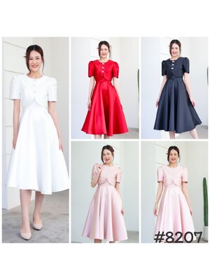 kudapy เดรสออกงานแต่งเชิ้ต สีขาว ,แดง ,ชมพู ,โรสโกลด์, ดำ คอกลมแต่งครอป ประดับกระดุมโบว์จิ๋ว