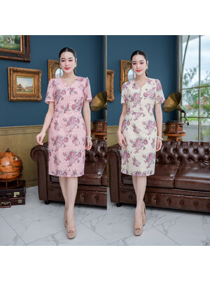 kudapy เดรสสั้นสโทนครีม/โทนสีชมพู ผ้าคอตตอนฉลุปักลายพิมม์ลายดอกไม้ทั้งชุด งานสวยหวาน