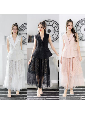 kudapy เซตเสื้อทรงสูทสีชมพู/สีขาว/สีดำ แขนกุด+กระโปรงยาวตาข่าย แต่งผ้าระบาย