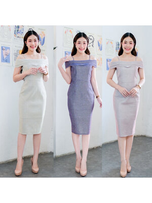 kudapy เดรสสั้นสีม่วง/สีชมพู/สีทอง ผ้ากลิตเตอร์ สายเดี่ยว ปิดแขน ทรงเข้ารูป ผ่าหลัง เดินสะดวก ใส่ออกงานสวยดูดี