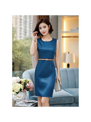 kudapy ชุดเดรส สีน้ำเงิน ชุดทำงาน แขนกุด ชุดเดรสยูนิฟอร์ม ทรงเรียบหรู เนื้อผ้าโพลีเอสเตอร์ + คอนตอน เนื้อดี (พรีออเดอร์ค่ะ รอสินค้า 15-30 วัน)