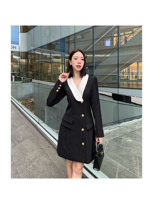 kudapy เดรสสูทแขนยาวทูโทนแต่งปกสีขาว สวยโดดเด่นด้วยลุคสาวออฟฟิศที่ใส่แล้วดูผอม ตัวเดรสเป็นทรงเข้ารูปมีซับในทั้งตัว