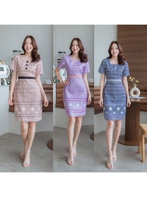 kudapy เดรสสั้นสีน้ำตาล สีกรม สีม่วง ผ้าไทยลายขอแต่งกระดุม ใส่ทำงาน สวยดูดี