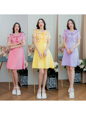 kudapy เดรสสั้นสีชมพู/สีม่วง/สีเหลือง ผ้าพื้นกั๊กลายดอกผูกโบว์