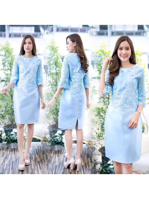 kudapy เดรสสั้นไปงานลูกไม้สีฟ้าคอกลมแขนสามส่วน เดรสใส่ออกงานผ้าลูกไม้ปักเลื่อม ซับในซิบหลังอย่างดี