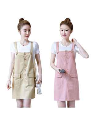 kudapy เซต 2 ชิ้น เดรสสั้นทรงเอี้ยมสีชมพู /สีเหลือง + เสื้อยืดคอกลมสีขาวแขนสั้น มีกระเป๋าหน้าใส่ของได้น้า