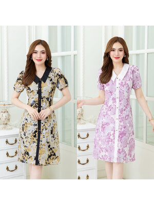 kudapy เดรสสั้นสีโทนดำเหลือง/สีโทนชมพูม่วง คอปกแต่งกระดุมหัวใจ คอปก ผ้าลายสวย สองสี สวยแตกต่าง