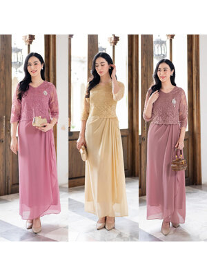 kudapy เดรสยาวสีชมพู/สีครีม/สีชมพูกะปิ เดรสออกงานตัวเสื้อลูกไม้ใยบวบทอแน่น ลูกไม้ปักเลื่อม ตัวกระโปรงจับจีบเป็นผ้าชีฟอง2ชั้น